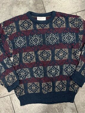 Vintage Jantzen Navy Multicolor Patterned Crewneck Sweater - Men's